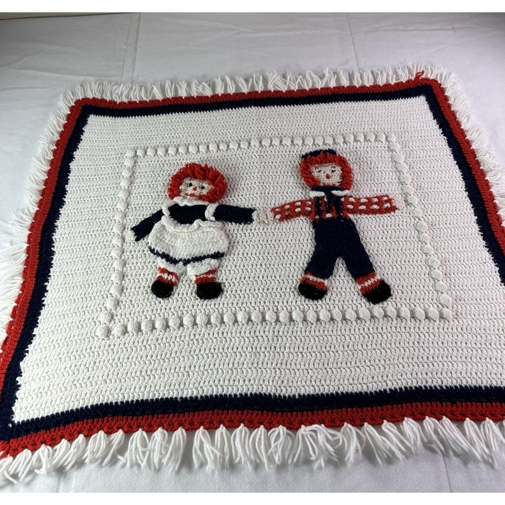 Hand Knitted Raggedy Ann & Andy Crib Blanket  Afghan 3D 38" X 33"
